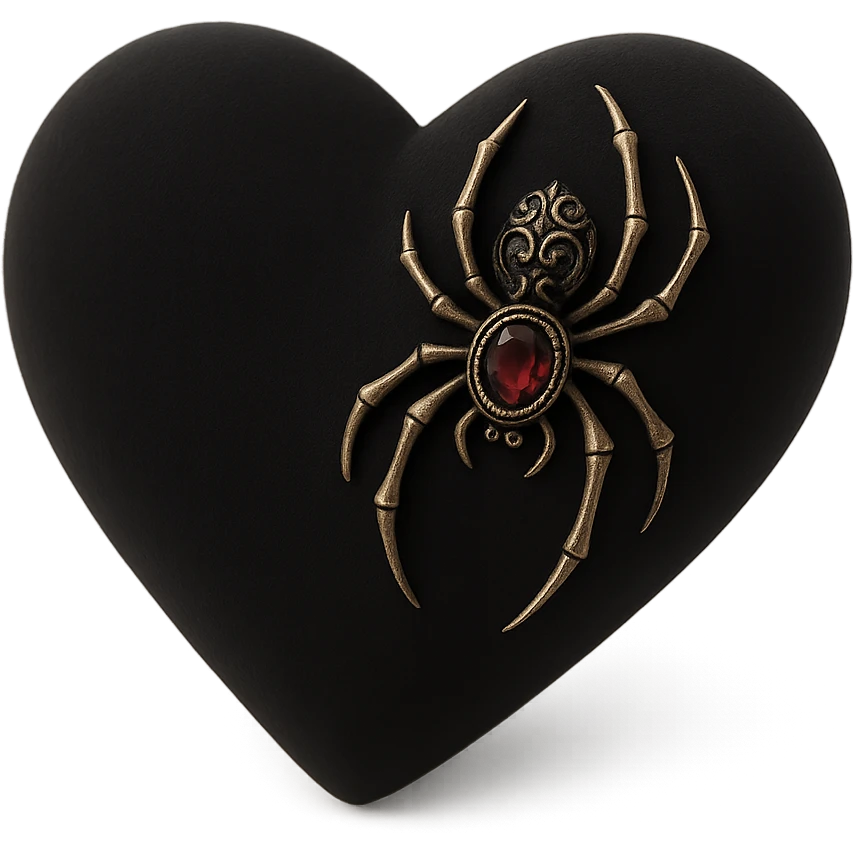 gothic heart in 3D black style, black velvet texture, silver spider brooch, deep red gemstone, ornate and dark emoji