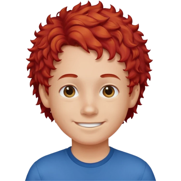 smiling boy in blue shirt with red curly hair super short emoji