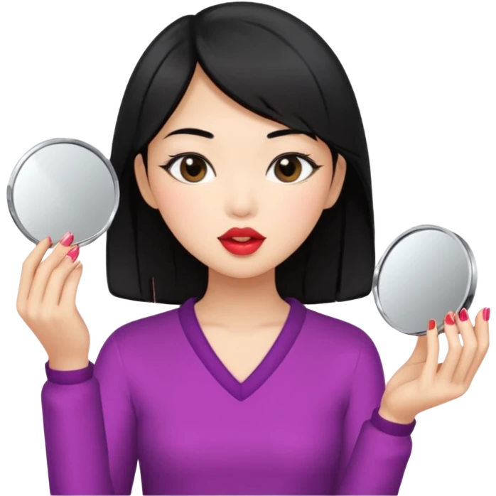 black haired asian girl putting on lipgloss while holding a compact mirror emoji