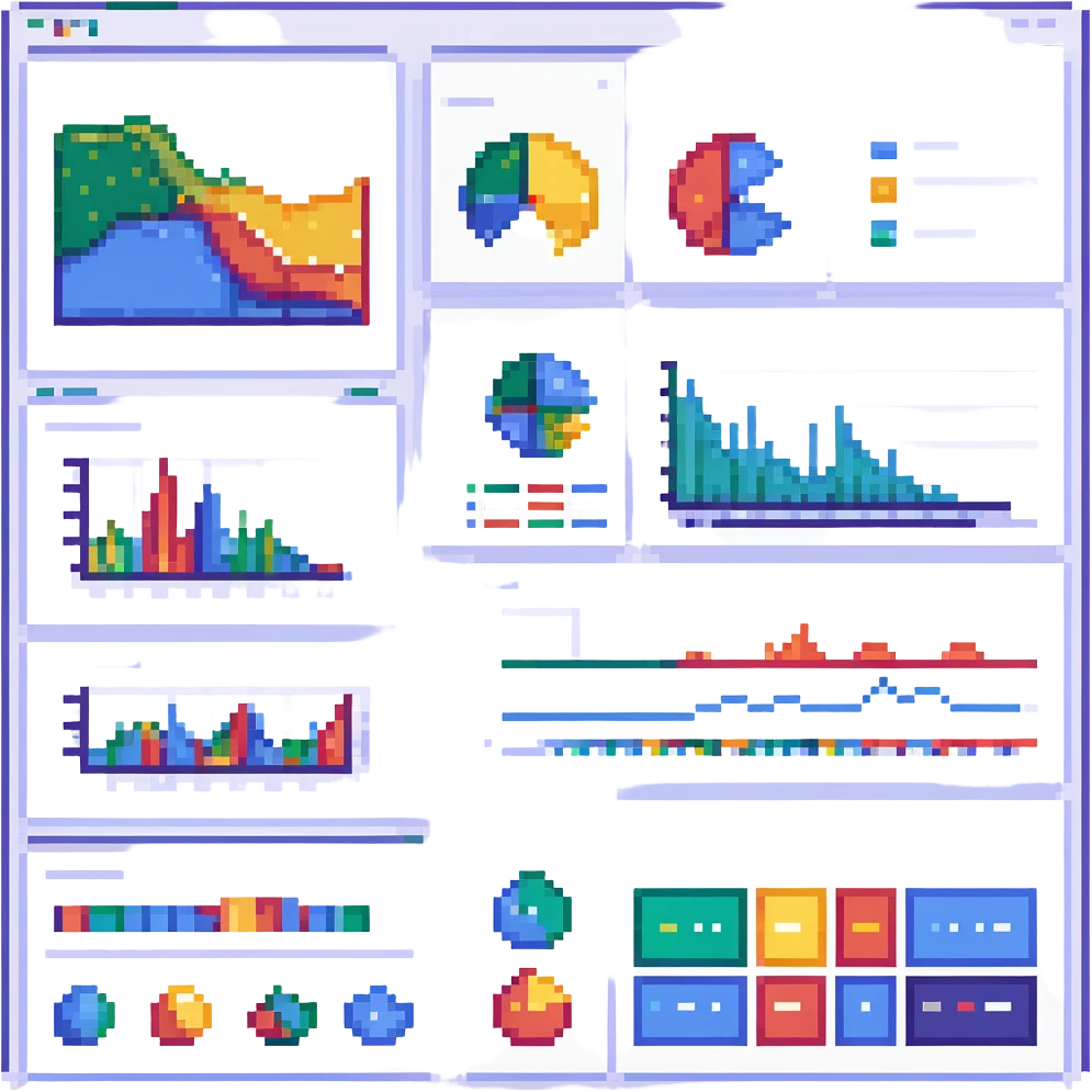 neural network web overlaying a colorful analytics dashboard, pixel art style emoji