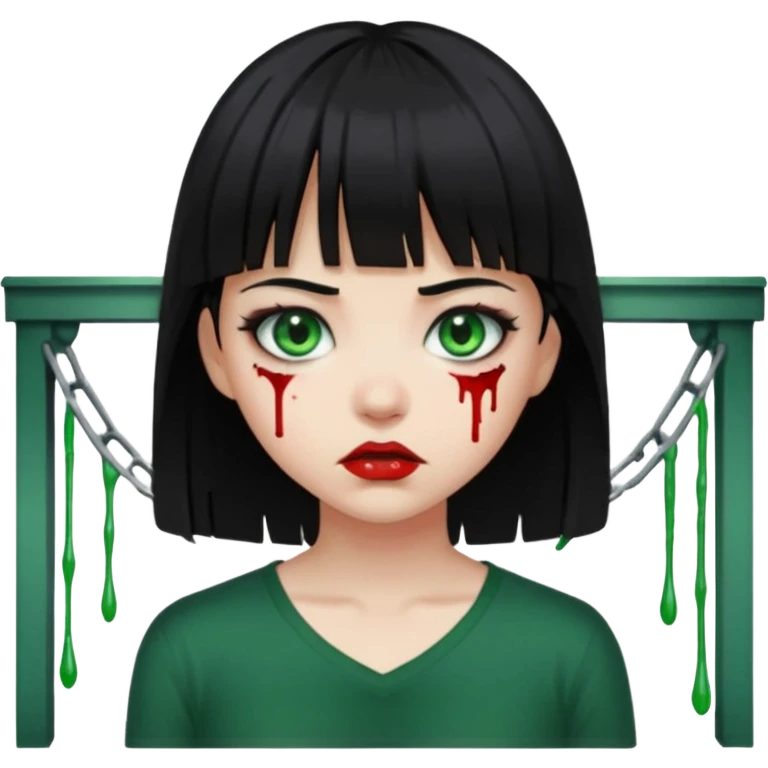 Guria com cabelo preto franjinha sangrando olhos verdes  fundo preto e um piercing bridgepiercing emoji