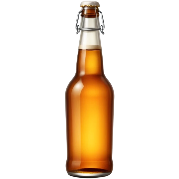 glass bottle of beer with warm amber hue visible through transparent glass, long neck, capped with metal crown, subtle condensation suggesting coldness, classic clean shape, no label or branding, soft lighting, subtle shadows, emoji scale emoji