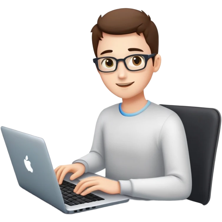 Create an emoji-style illustration of a person using a laptop. The person should have a friendly expression, with focused eyes looking at the screen. The laptop should be modern and slightly open, showing a glowing screen. The character should be sitting comfortably, with hands on the keyboard, conveying engagement in work or coding. The style should be similar to existing emoji aesthetics, with smooth shading and vibrant colors. The background should be minimal or transparent emoji