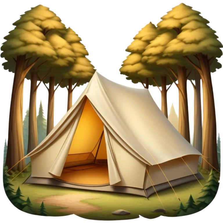 Cinematic Realistic Tent, a sturdy canvas tent nestled among tall trees, warm golden light spilling from inside, gentle folds in the fabric visible, glowing against the cool, dark forest backdrop, evoking a sense of adventure and comfort. emoji