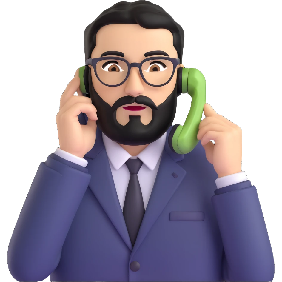 businessman with medium black beard, black hair styled to one side, connected unibrow, olive skin, brown eyes, glasses, prominent nose, in formal black jacket, in the process of dialing or answering phone call, with subtle modern office environment emoji