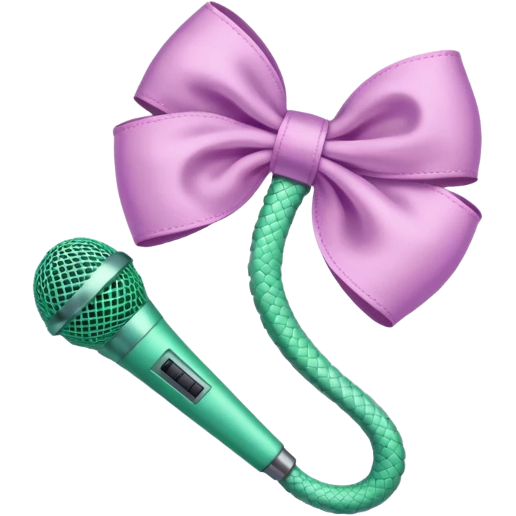 A pastel pink bow with a pastel green snake on the top of one side and a pastel purple microphone on the bottom of the other side emoji