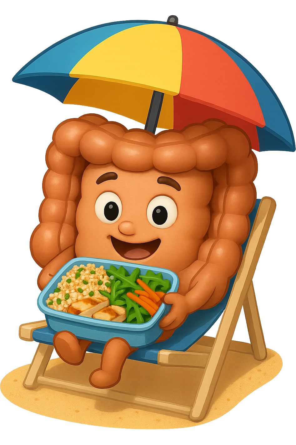 EMOJI STILE IPHONE DI INTESTINO IN SPIAGGIA SU UNA SPIAGGINA SOTTO L'OMBRELLONE CON IN MANO UNA SCHISCETTA DI Insalata di quinoa e pollo con rucola e carote, iperrealistica 4k emoji