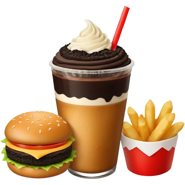 Crea una escena estilo restaurante que incluya: una 🍔 hamburguesa jugosa, un 🥤 frappé de galleta oreo en vaso de vidrio con popote, 🍟 papas fritas emoji
