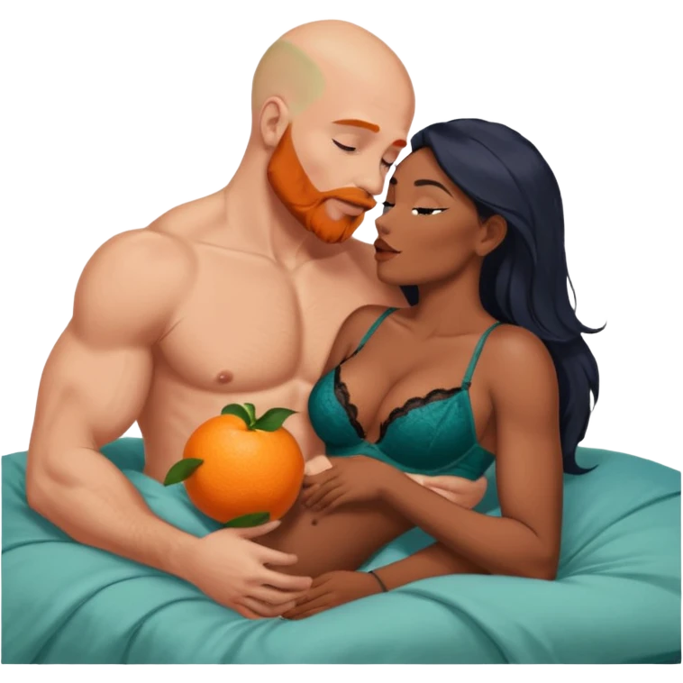 Muscular Bald white male who has a orange beard & blue eyes, passionate kissing curvy African American dark brown woman who has long brown/black hair wearing dark green lingerie Laying in bed displaying love, tenderness, physical romance, pair-bonding & affection, caress  emoji