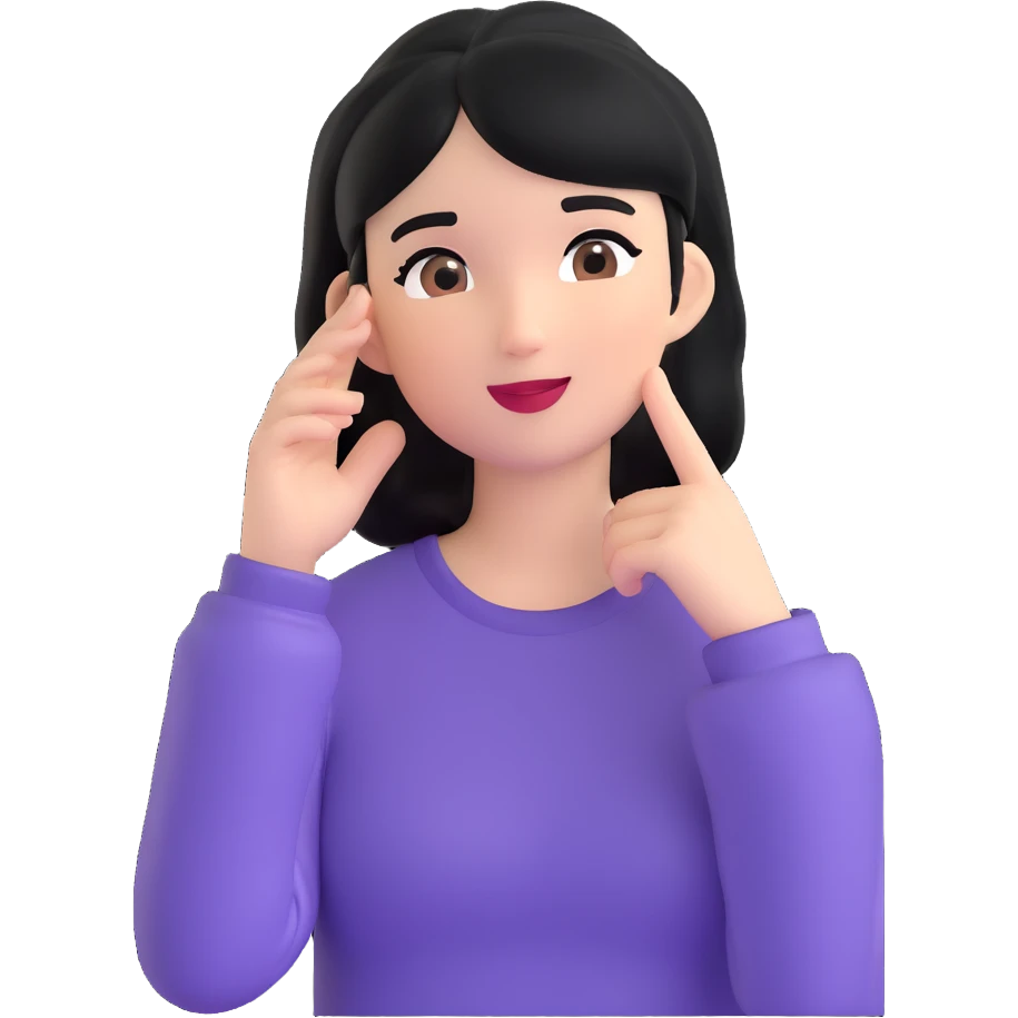 girl listening to viewer, side view, hand to ear, emoji style, with black hair emoji