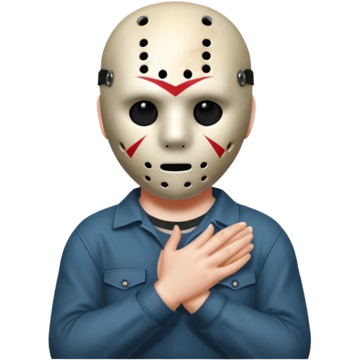 Jason Voorhees, looking cute, with his hands clasped in front of him, at a sideways angle, looks like he is in love emoji