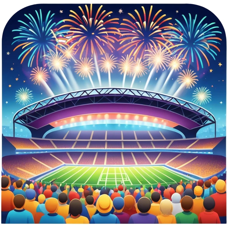 An icon showing a large stadium with bright floodlights, fireworks bursting in the sky, and a lively crowd below. The design captures the excitement and energy of concerts and festivals, with vibrant colors and a festive atmosphere. Set against a transparent background to highlight the celebration. emoji