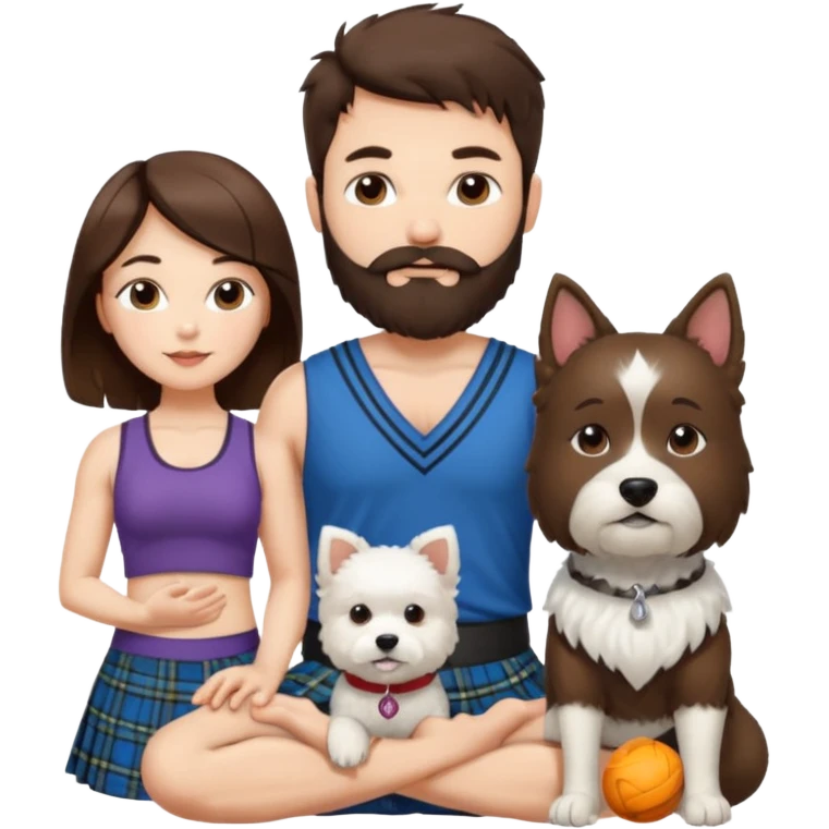emoji of brunette man with beard wearing kilt, brunette woman in yoga outfit and white fluffy dog emoji