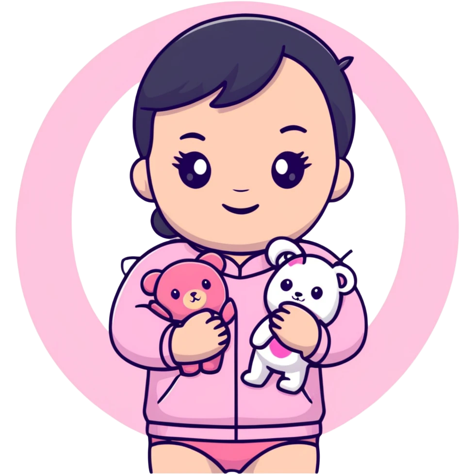 cute toddler girl with pastel pink clothes holding a pink teddy bear emoji