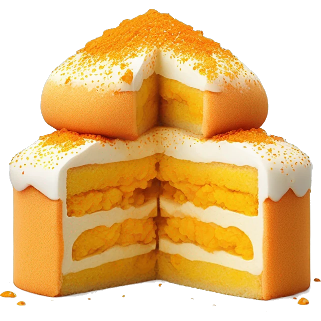 a Vietnamese salted egg sponge cake The emoji is round, soft, and yellow with bright orange salted egg yolks on top, small drizzles of white mayonnaise, and golden pork floss have a gap between toppings emoji