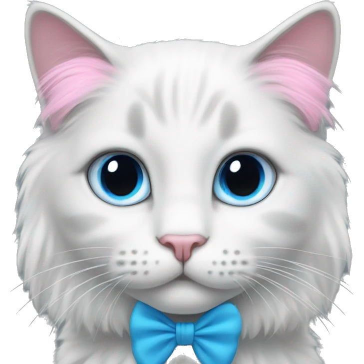 White and grey cat with long hair and blue eyes with a pink bow  emoji