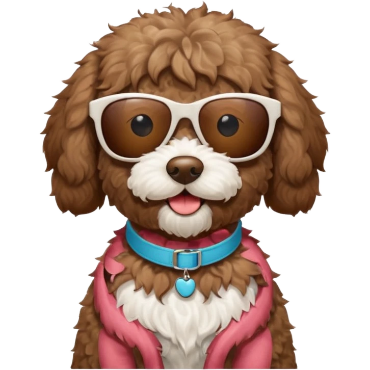 Brown Labradoodle with a white patch of fur on her stomach wearing sunglasses emoji