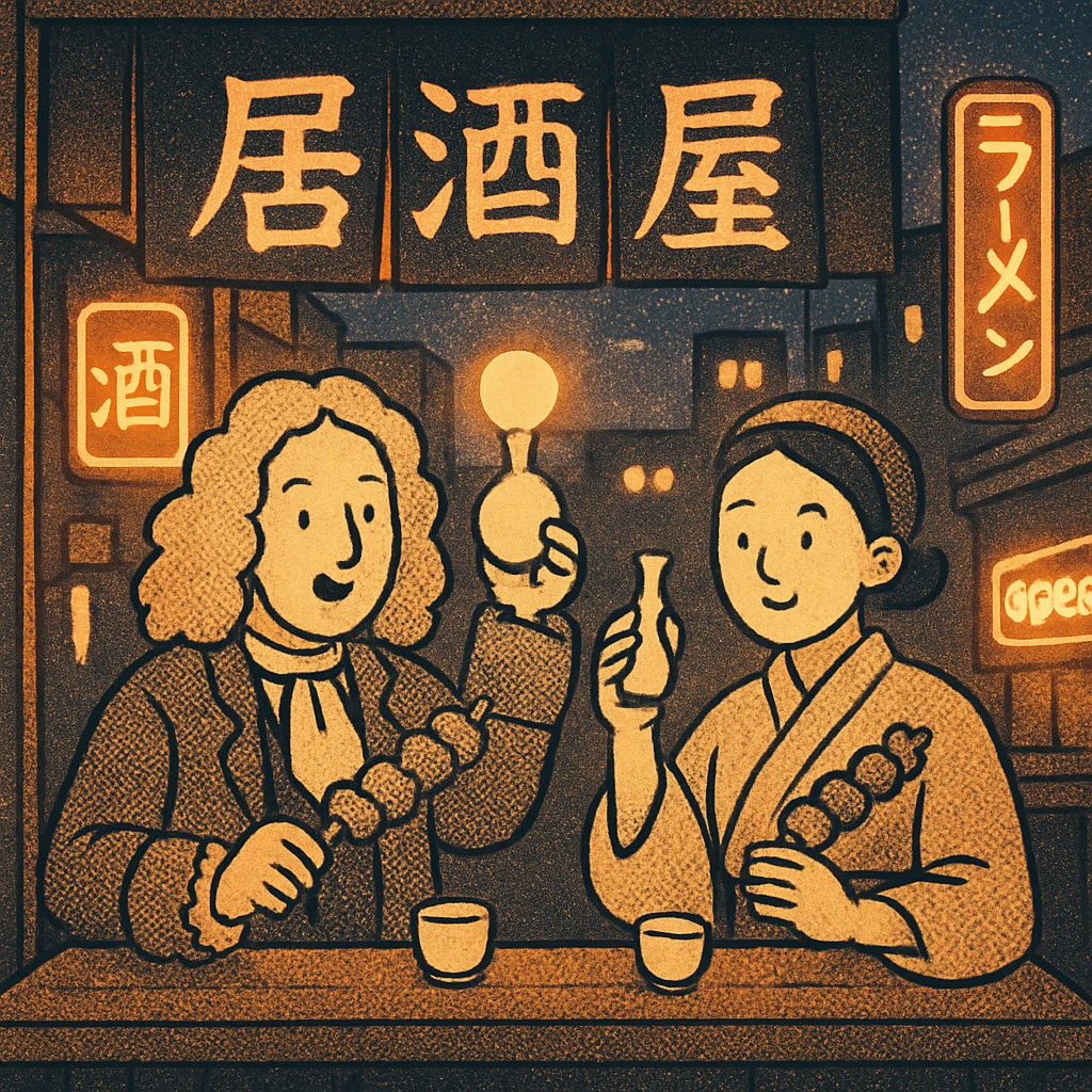 Two people dining at a traditional Japanese izakaya street stall, surrounded by neon signs, enjoying sake and yakitori skewers under the evening sky emoji
