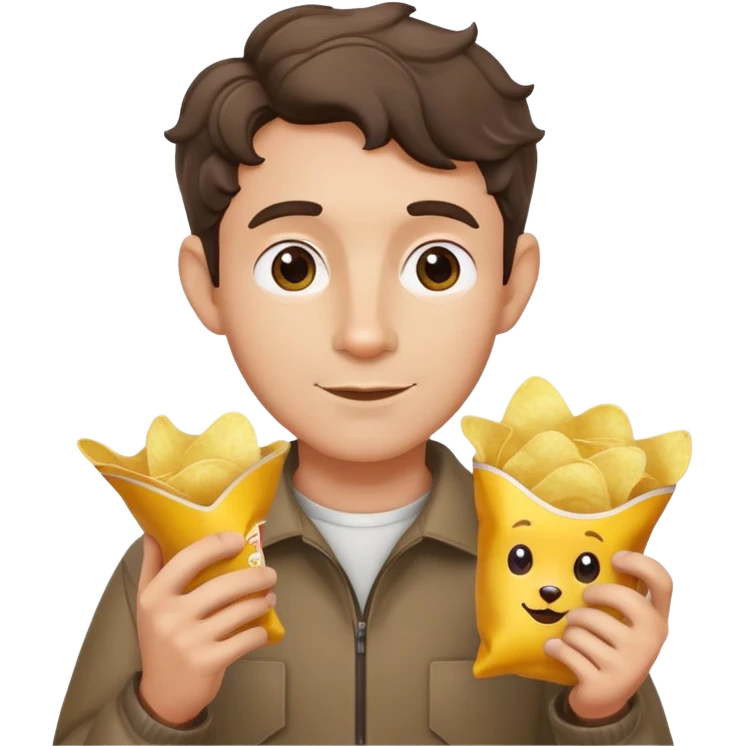 Man with short wavy hair, large ears, holding potato chips emoji