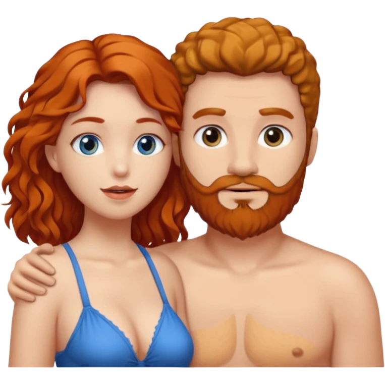 Homme nu cheveux blanc courts, yeux bleu barbe naissante + femme nu gros seins rousse cheveux longs bouclés yeux bleu faisant l'amour emoji