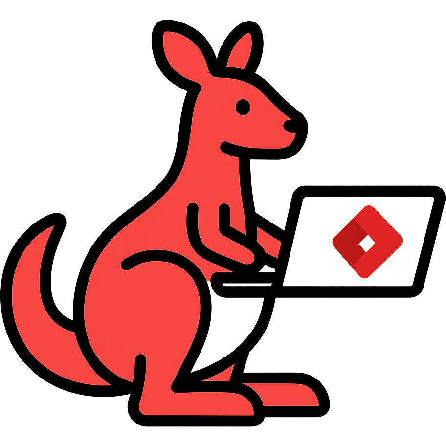 stylized kangaroo with a laptop, modern and techy, red and white YouTube color scheme, Microsoft Power Pages theme icon emoji