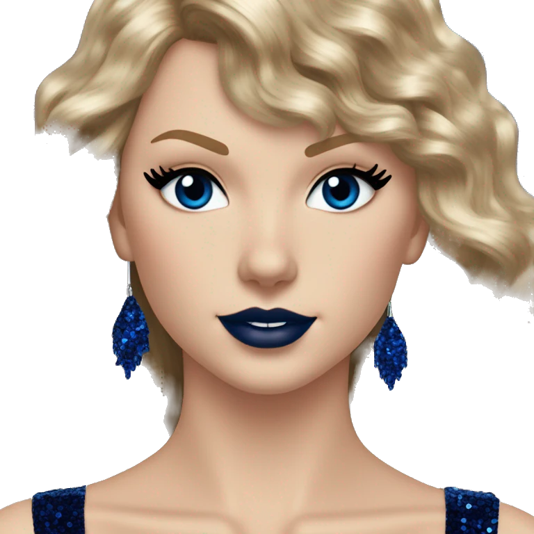 Realistic Taylor swift wearing navy blue glittery sequin bodysuit with tassels and gems and long hair with red lipstick and blue eyes  emoji