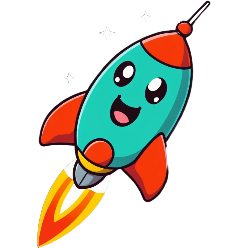 A cartoon rocket toy with stars, a happy expression and little arms emoji