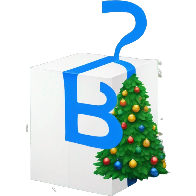 "white box with blue illustrations and a bold 'B' logo in the middle, placed beside a vibrant green Christmas tree. emoji