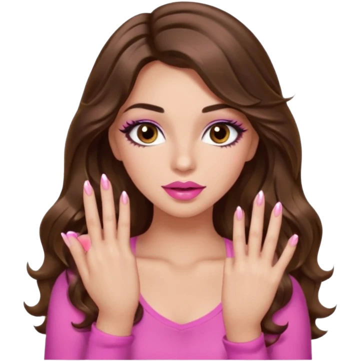 girl with long wavy brown hair, brown eyes, light to medium complexion, in a pink sexy top, pink lips, long lashes, puckered lips, showing my manicure one hand 5 fingers emoji