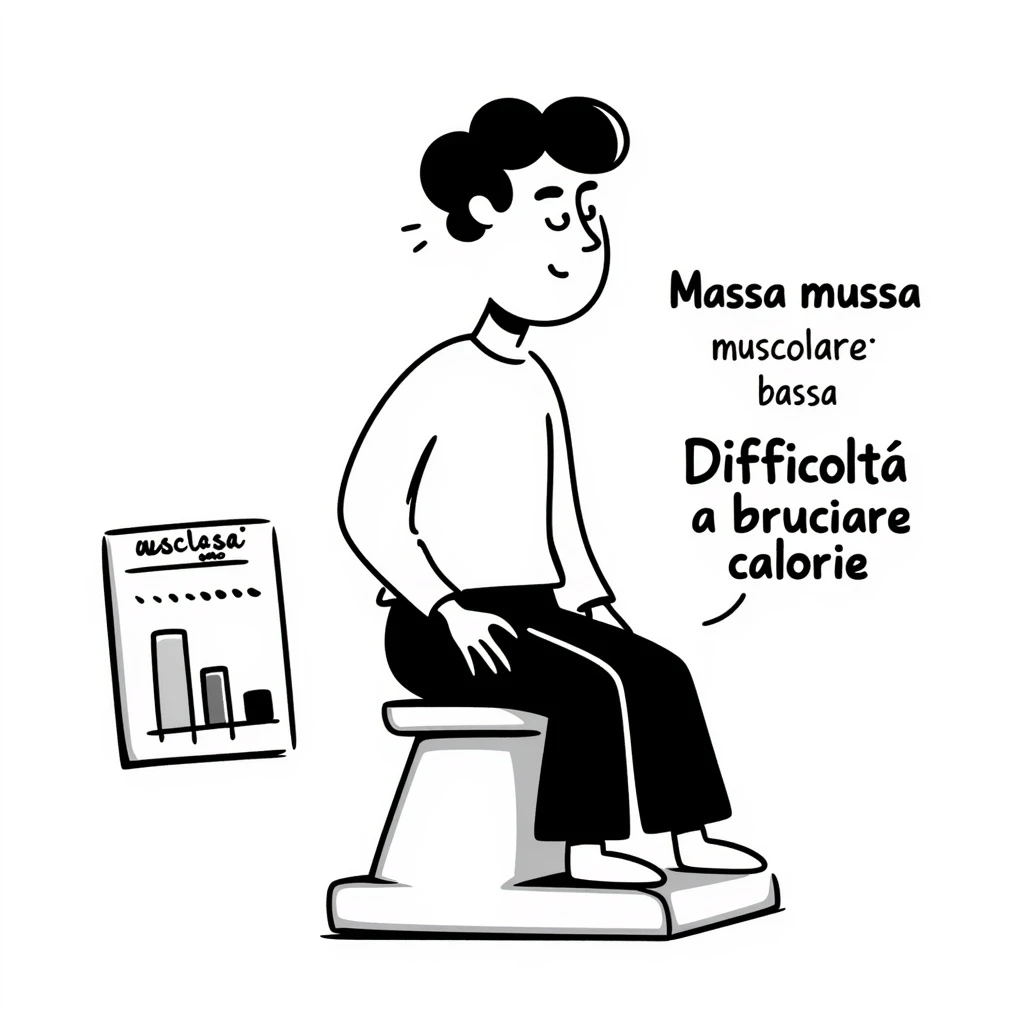 Uomo seduto su una bilancia, viso perplesso, accanto una tabella che mostra “Massa muscolare: bassa”, testo in italiano: “Difficoltà a bruciare calorie”. emoji
