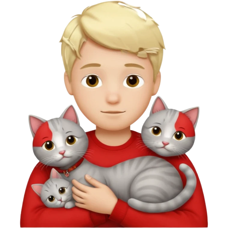 Make 20 gray cats cudling a kid that’s a boy wearing all red and he’s blond emoji