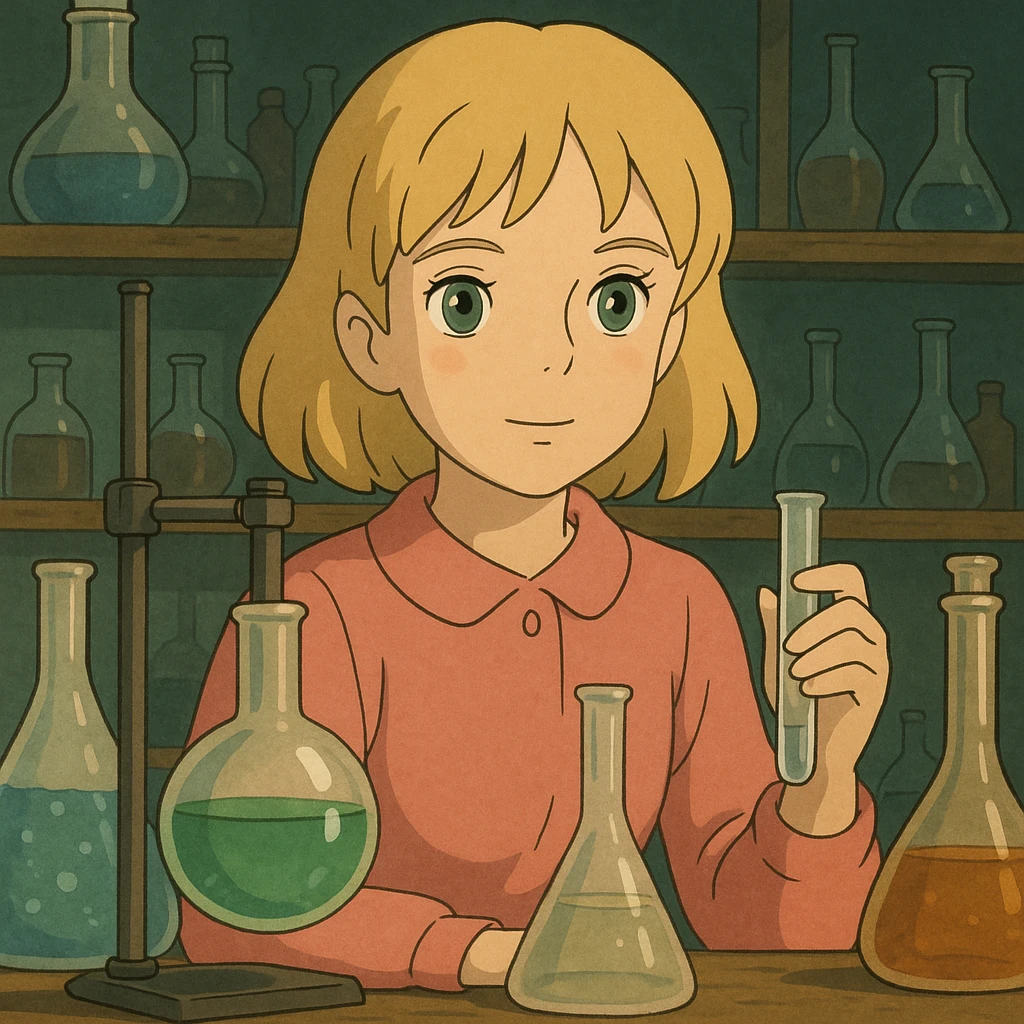 blonde girl with green-grey eyes, in pink clothes, surrounded by chemistry equipment, chemist style emoji