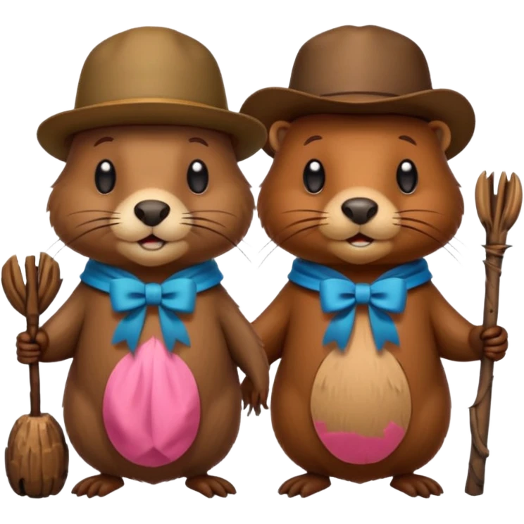 add a bow on the head of one beaver with another beaver without a bow on its head in a lodge of sticks and logs emoji