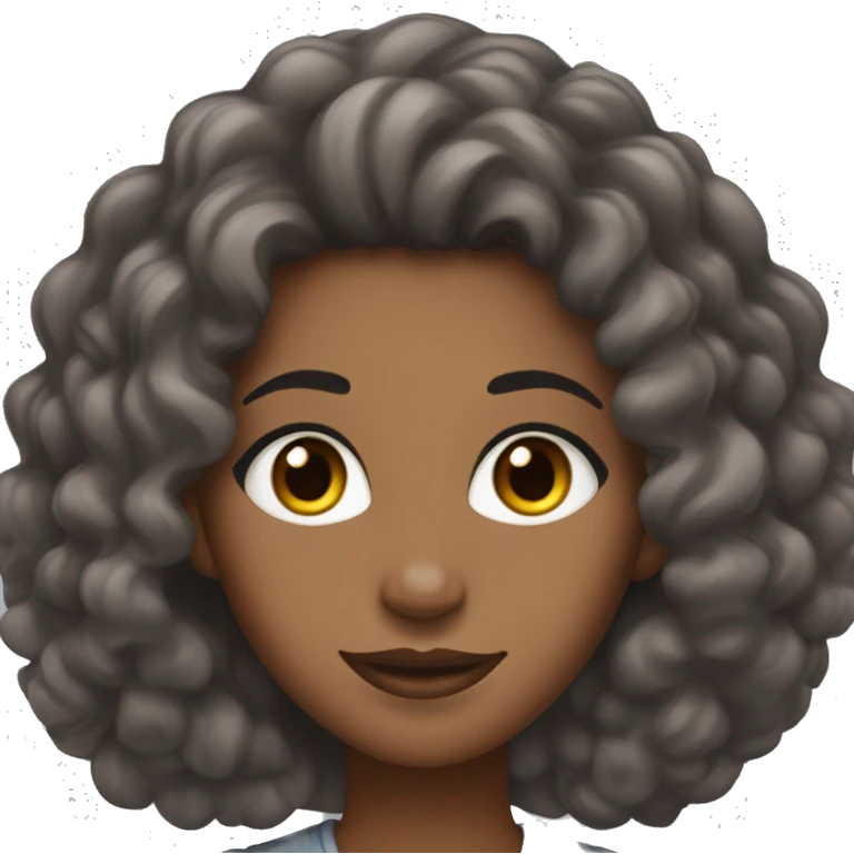 Black woman with brownish shoulder length curly hair almond shaped eyes, long eye lashes, arched eye brows and gray eyes  emoji