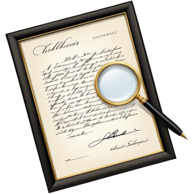 Icon for Autograph Collecting: a signed piece of paper or book page with a famous signature, surrounded by a pen, a magnifying glass, and a collection of framed autographs. Transparent background. emoji