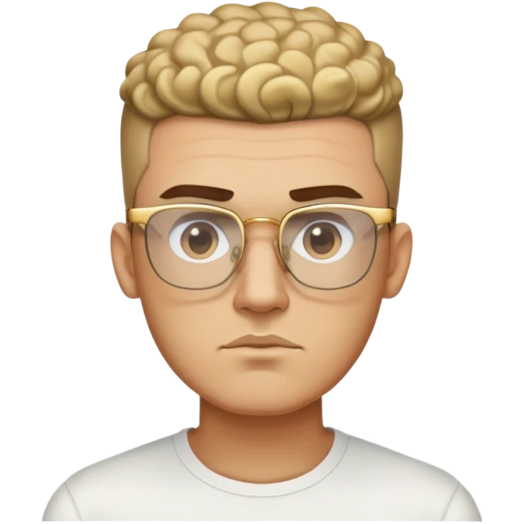 Man with angular square face, thick straight eyebrows, short fade haircut with faded sides and curly top, light stubble, neutral serious expression, wearing large square gold glasses emoji