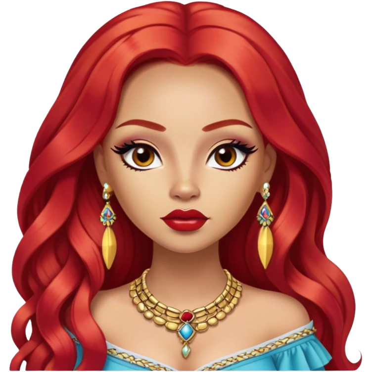 Colombian, pretty lips, colombian clothes, very light skin, long red hair, jewelry, pretty bratz baddie, black eyeliner emoji