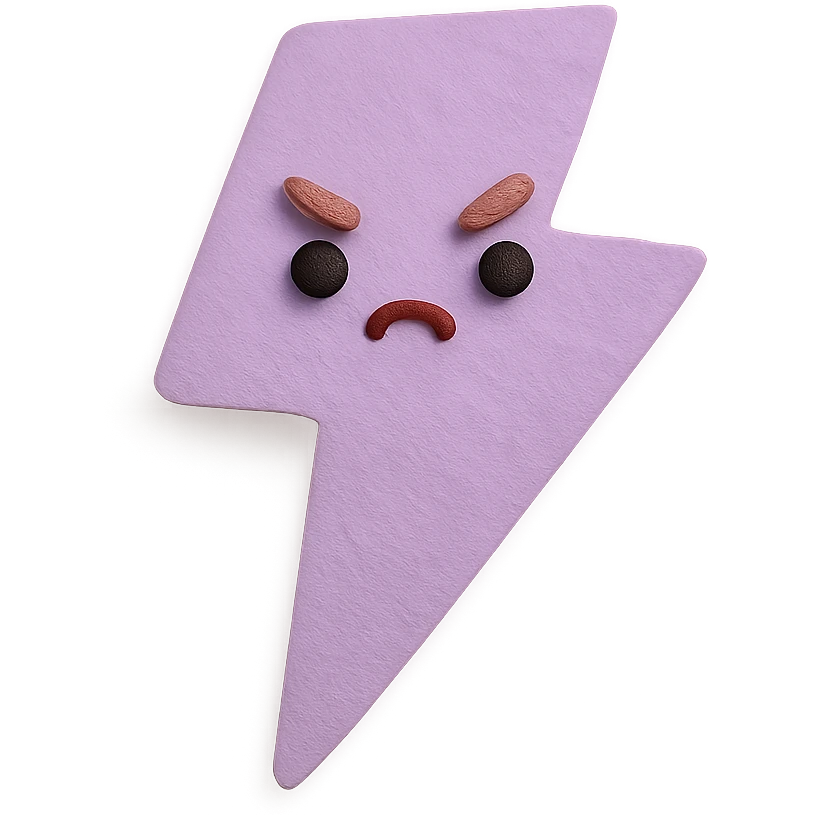 kawaii purple lightning bolt with tiny angry expression and cute eyes, no arms, no legs, full body, soft pastel kawaii paper craft style emoji