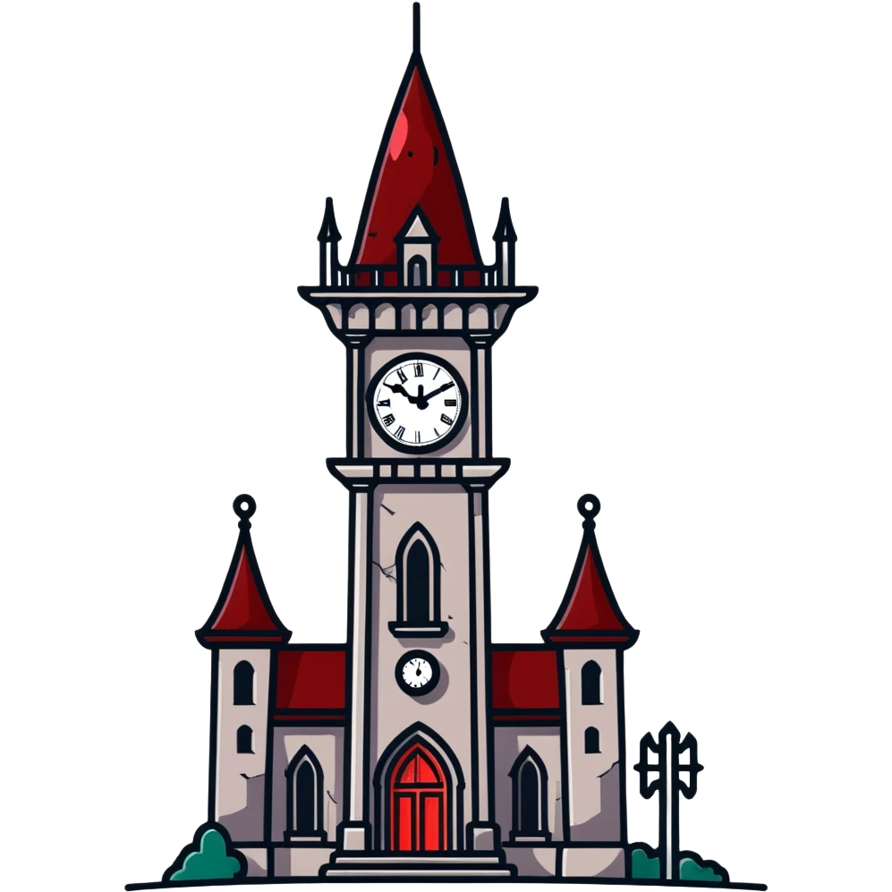 Gothic clocktower with blood running down its stone walls, creepy atmosphere emoji