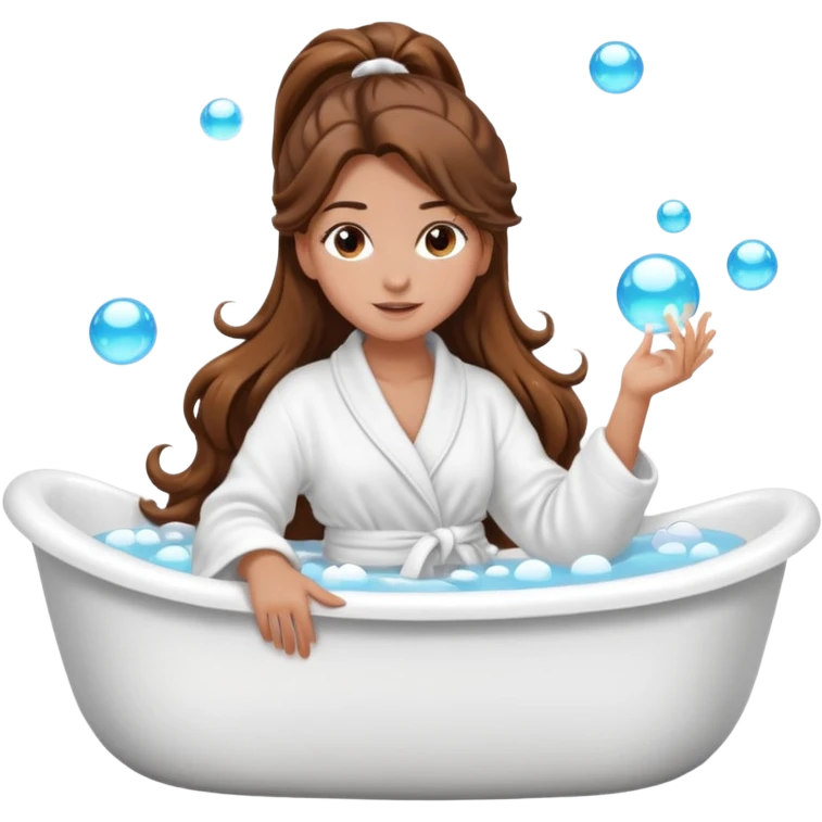 girl with wavy long ponytail brown hair, brown eyes, light to medium complexion, long lashes, lying full body in a white bathtub with bubbles emoji