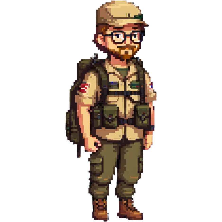 adventurer with goatee beard (no beard on cheeks), short hair, glasses, backwards military tan cap and backpack emoji