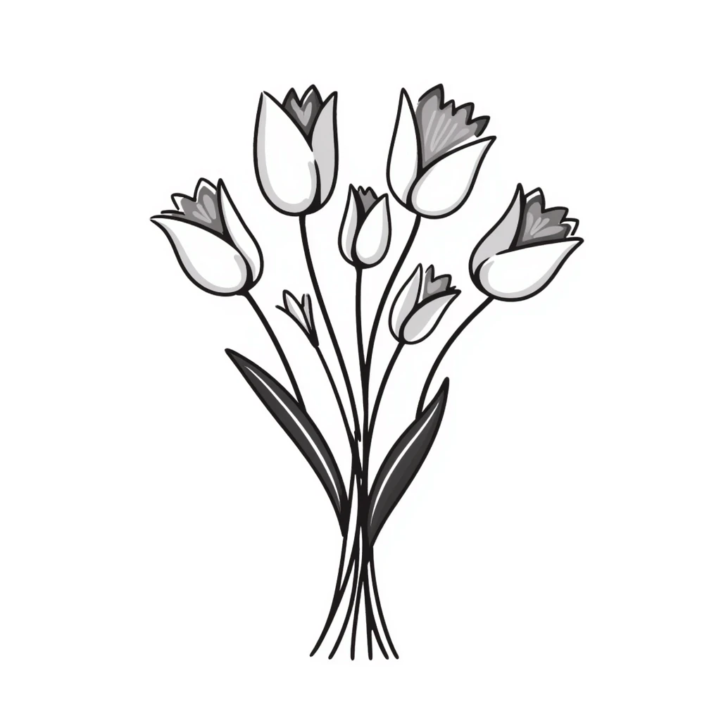 Bouquet of tulips with stems and leaves. Using specific pastel colors (dd9fb0, ffc6d3, a3bfc9, c4bee2, f1b091). Hand-drawn doodle style with delicate flower details. Multiple tulip blossoms in different stages of opening. Elegant floral design with transparent background. emoji