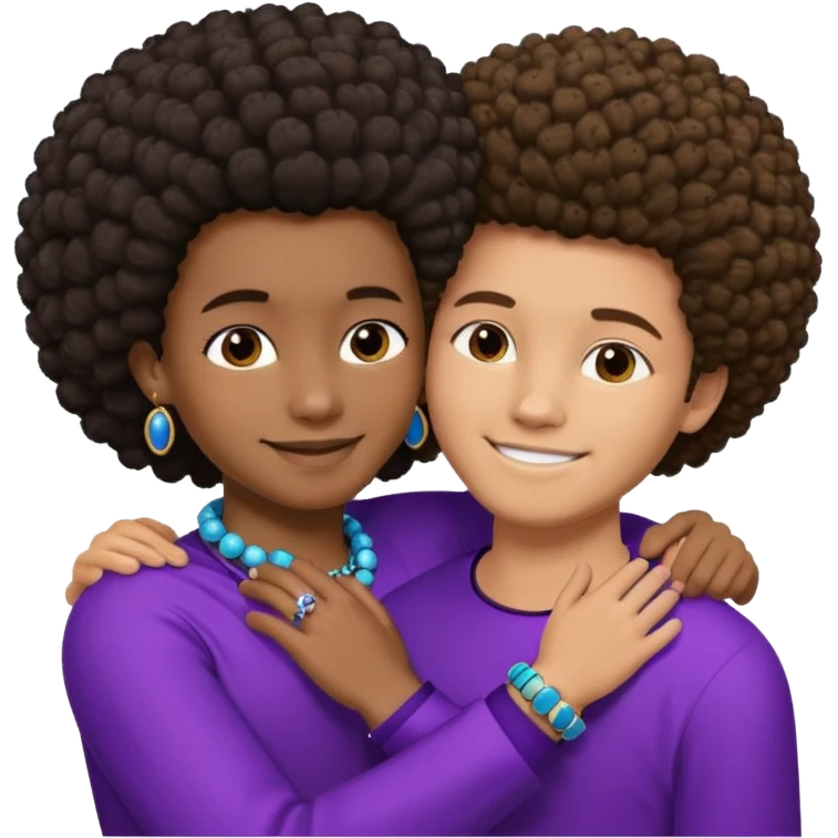 Tan male with short straight, light,brown hair, smiling and hugging a darkblack African girl with Afro in purple clothes with blue jewelry emoji