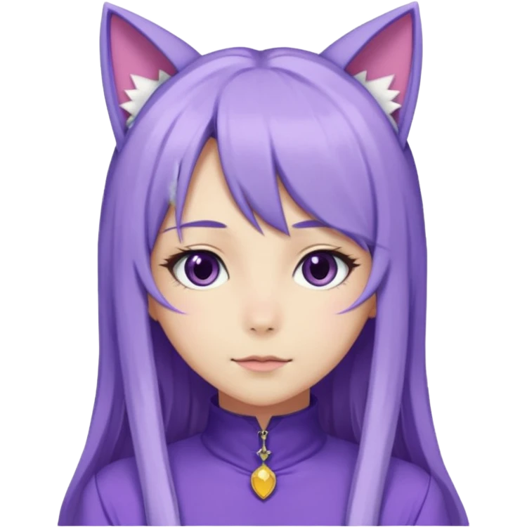female anime character with long periwinkle hair and cat ears on her head. She is wearing a purple outfit with a high neckline and long sleeves.  emoji