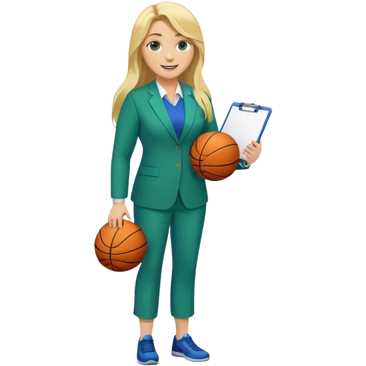 Full Body white plus size female basketball head coach using a clipboard with long blonde hair in a blue and green suit smiling with basketball and clipboard emoji