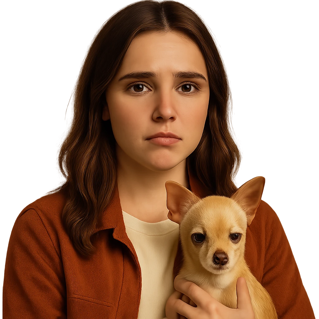 Portrait centered for Instagram profile picture, inspired by the facial features visible in the reference images, with a tanned complexion, subtle freckles, shirt color #FFF8CA, rust-colored jacket, medium-length brown hair with auburn highlights, disappointed and sad expression, holding a beige-brown chihuahua, Netflix series style, transparent background, intimate Tenerife ambiance. emoji