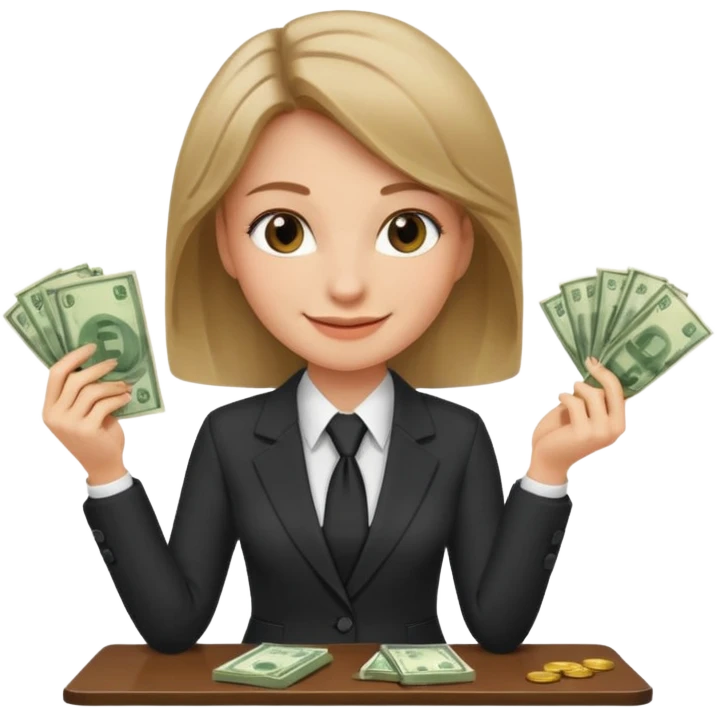 Девушка с темно русыми волосами которая начальник и она сидит красиво и счастлива с деньгами в руках emoji