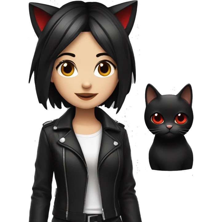 girl, short black hair, with cat ears, red eyes, black collar on neck, wearing leather black jacket, smirking emoji