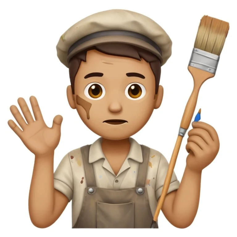 clumsy house painter emoji with old stained clothes, no hat, holding a snapped paintbrush, confused expression, paint on face and hands, chaotic background emoji