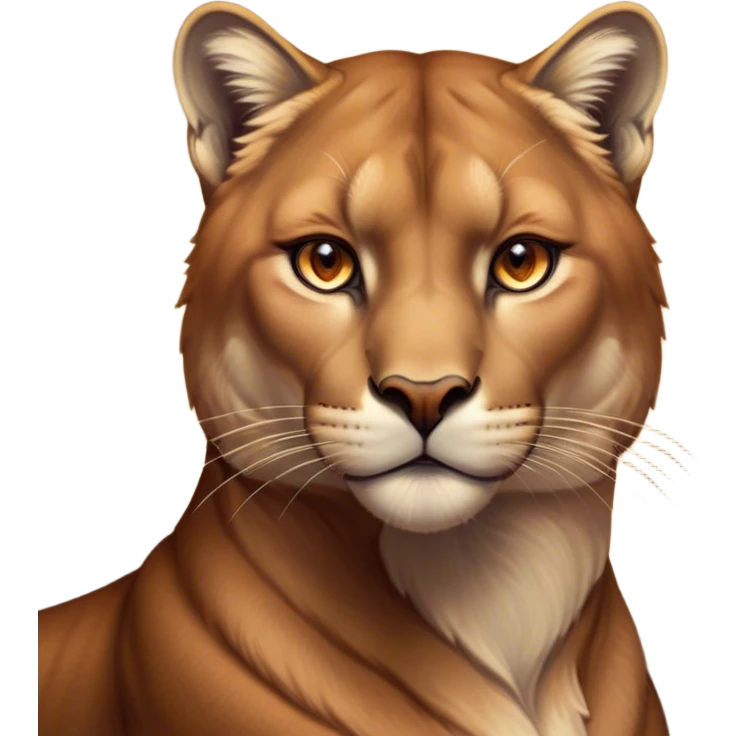 Cinematic Noble Cougar Portrait Emoji, Poised and regal, with a lithe, muscular build and a sleek, tawny Fur with subtle dark accents, deep-set soulful amber eyes, Simplified yet sharp and sophisticated features, highly detailed, glowing with a warm, dignified glow, high shine, intelligent and stealthy, stylized with an air of wild elegance, focused and attentive, soft glowing outline, capturing the essence of a watchful and confident predator, so majestic it feels as though it could silently pounce out of the screen with effortless authority! emoji